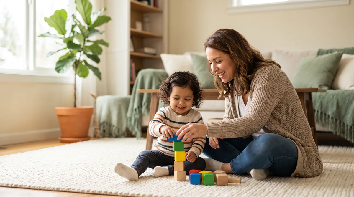 Toddler playing, parent close