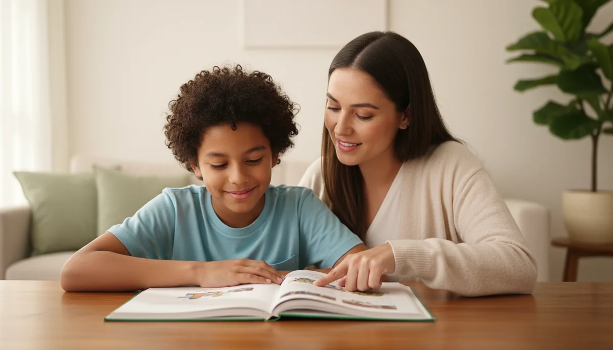 School-age child reading with helper